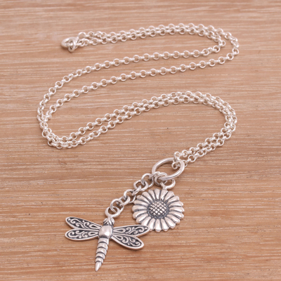 Sterling silver pendant necklace, 'Dragonfly Flower' - Floral Dragonfly Sterling Silver Necklace Crafted in Bali