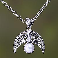Cultured pearl pendant necklace, 'Crescent Glow' - Cultured Pearl Crescent Pendant Necklace from Bali