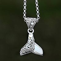Sterling silver pendant necklace, 'Bali Whale' - Whale Flipper Sterling Silver Pendant Necklace from Bali