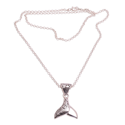 Sterling silver pendant necklace, 'Bali Whale' - Whale Flipper Sterling Silver Pendant Necklace from Bali