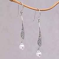 Cultured pearl dangle earrings, 'Vine Blades' - Vine Motif Cultured Pearl Dangle Earrings from Indonesia
