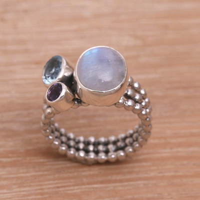 Rainbow moonstone cocktail ring, 'Bubble Dew' - Rainbow Moonstone Blue Topaz and Amethyst Cocktail Ring