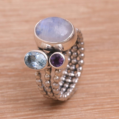 Rainbow moonstone cocktail ring, 'Bubble Dew' - Rainbow Moonstone Blue Topaz and Amethyst Cocktail Ring