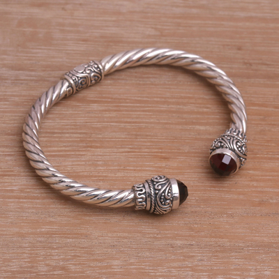 Garnet cuff bracelet, 'Flourish in Red' - Garnet and Sterling Silver Cuff Bracelet from Bali