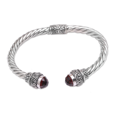 Garnet cuff bracelet, 'Flourish in Red' - Garnet and Sterling Silver Cuff Bracelet from Bali