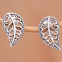 Sterling silver drop earrings, 'Leafy Wonder' - Balinese Leaf Shaped Sterling Silver Drop Earrings