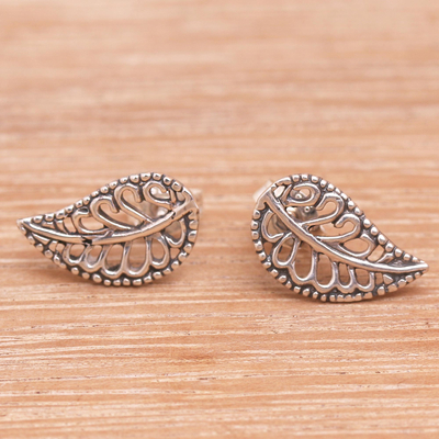 Sterling silver drop earrings, 'Leafy Wonder' - Balinese Leaf Shaped Sterling Silver Drop Earrings