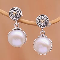 Gold accent cultured pearl dangle earrings, 'Secret Treasure' - Gold Accent Cultured Pearl Dangle Earrings with Posts
