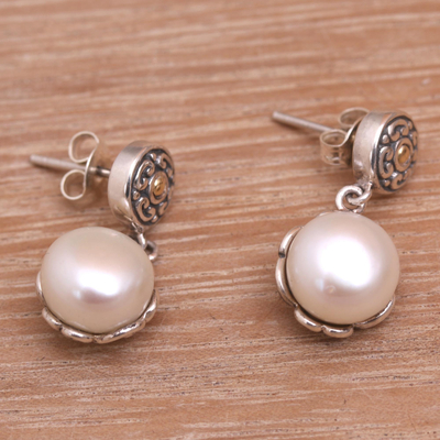 Gold accent cultured pearl dangle earrings, 'Secret Treasure' - Gold Accent Cultured Pearl Dangle Earrings with Posts