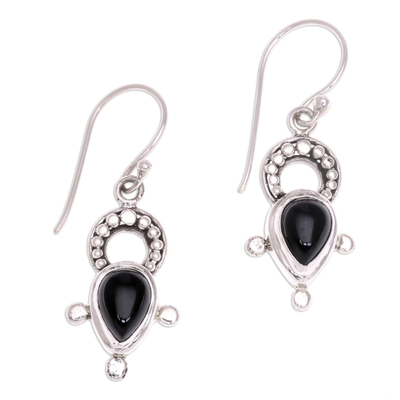 Black Onyx and Sterling Silver Balinese Dangle Earrings
