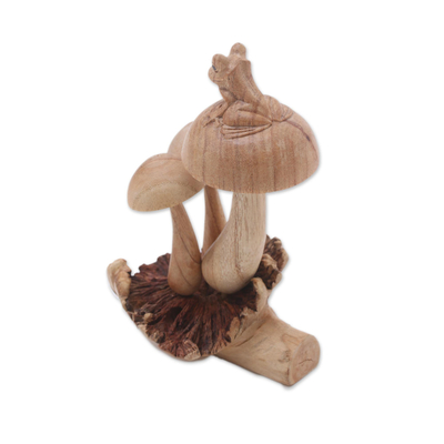 Wood sculpture, 'Resting Tree Frog' - Hand-Carved Jempinis Wood Tree Frog Mushroom Sculpture