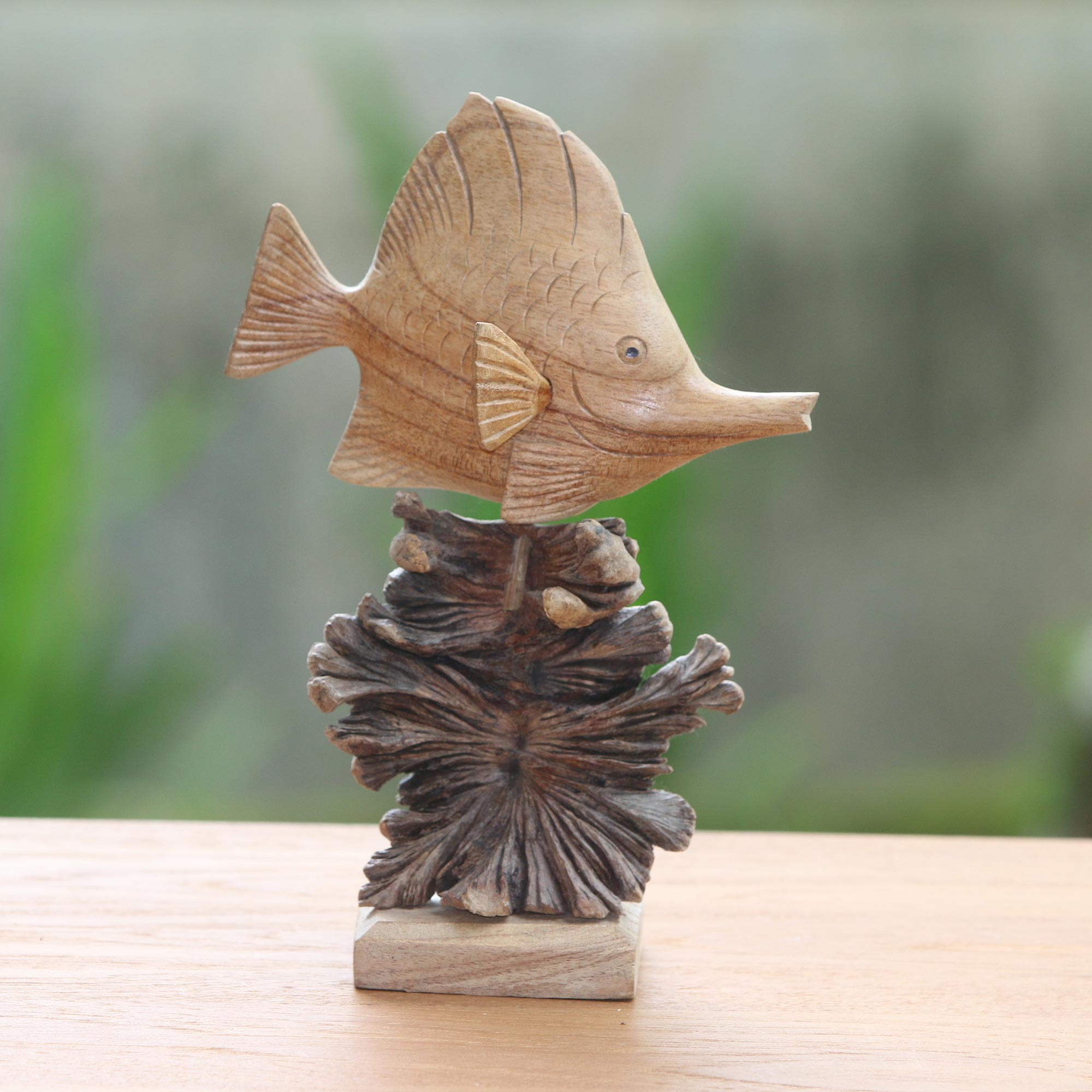 NEW Balinese Hand Carved Wooden Fish on Natural Wood Sculpture