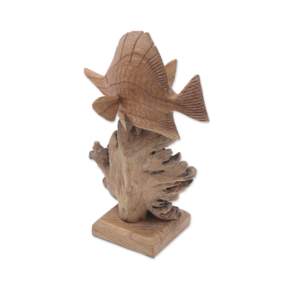 Wood sculpture, 'Tang Fish' - Hand-Carved Jempinis Wood Swimming Tang Fish Sculpture