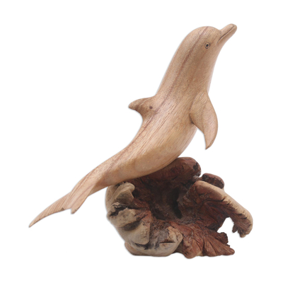 Wood sculpture, 'Joyous Dolphin' - Hand-Carved Jempinis Wood Leaping Dolphin Tree Sculpture