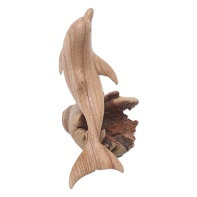 Holzskulptur - Handgeschnitzte Jempinis-Holzskulptur mit springendem Delfinbaum