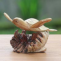 Wood sculpture, 'Turtle Current' - Hand-Carved Ocean Turtle Jempinis Wood Tree Sculpture