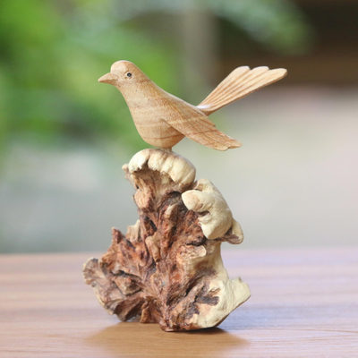 Wood sculpture, 'Canary Flight' - Hand-Carved Canary Flight Jempinis Wood Bird Sculpture