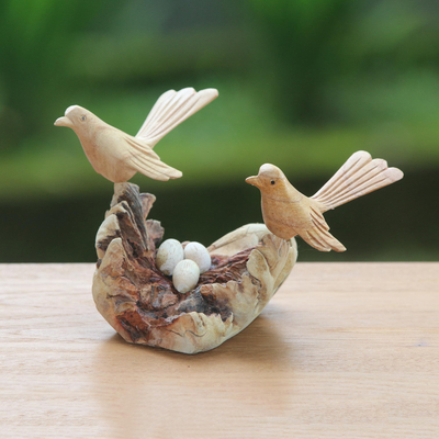Wood sculpture, 'Canary Love' - Hand-Carved Jempinis Wood Canary Love Nest Sculpture