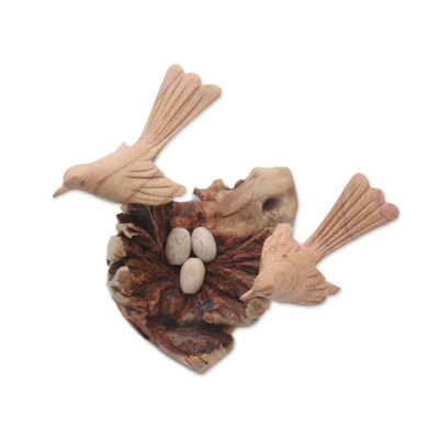 Holzskulptur - Handgeschnitzte Kanarienvogel-Liebesnest-Skulptur aus Jempinis-Holz