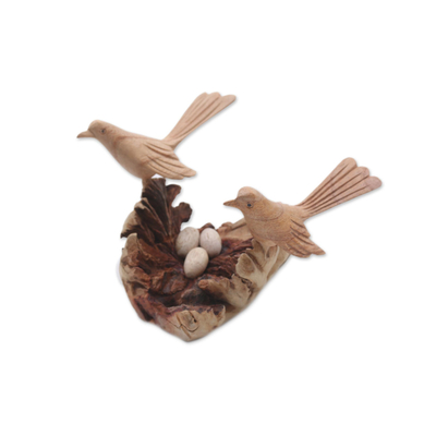 Wood sculpture, 'Canary Love' - Hand-Carved Jempinis Wood Canary Love Nest Sculpture