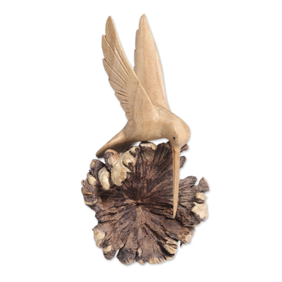 Hand-Carved Jempinis Wood Flying Hummingbird Sculpture