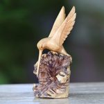 Wood sculpture, 'Hummingbird Joy' - Hand-Carved Jempinis Wood Flying Hummingbird Sculpture