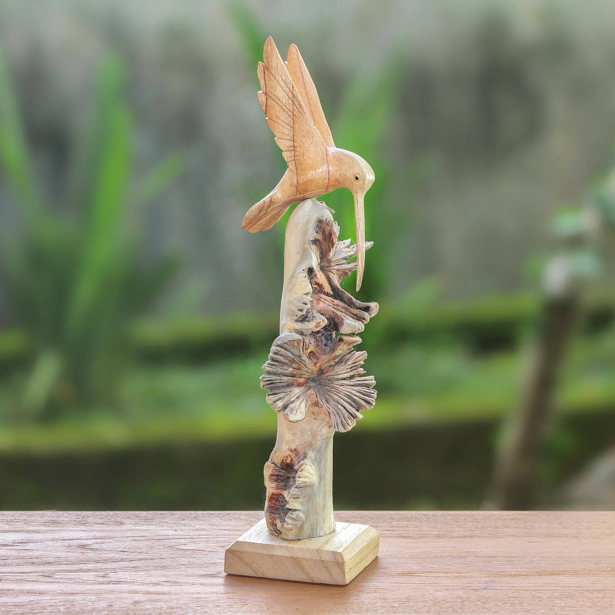 Hand-Carved Flying Hummingbird Jempinis Wood Sculpture - Hummingbird ...