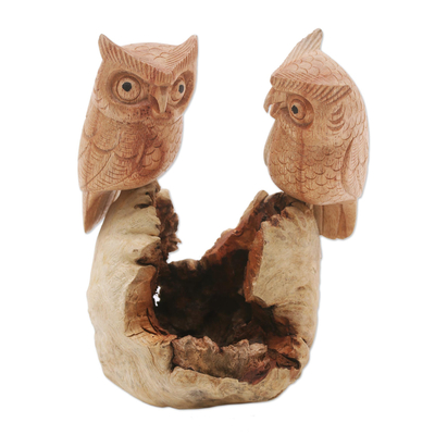 Hand-Carved Jempinis Wood Owl Couple Tree Sculpture