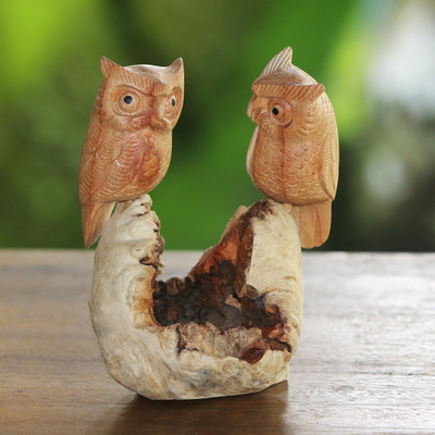Wood sculpture, 'Owl Lovers' - Hand-Carved Jempinis Wood Owl Couple Tree Sculpture