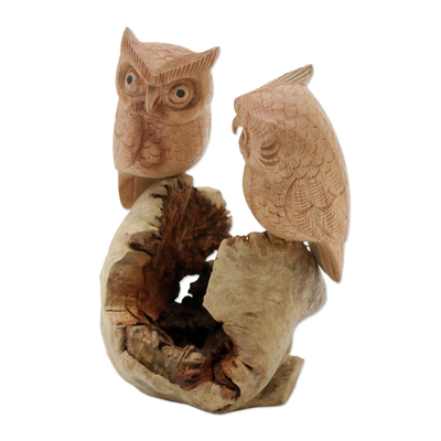 Wood sculpture, 'Owl Lovers' - Hand-Carved Jempinis Wood Owl Couple Tree Sculpture