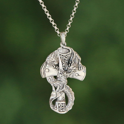 Sterling silver pendant necklace, 'Dragon Cross' - Sterling Silver Dragon and Cross Pendant Necklace from Bali