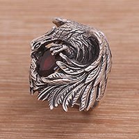 Anillo de cóctel granate, 'Phoenix Flare' - Anillo de cóctel Phoenix de plata de ley y granate hecho a mano