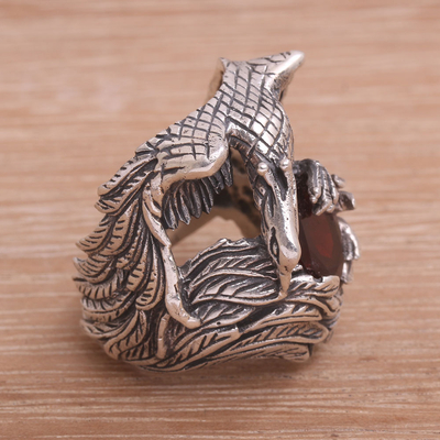 Garnet cocktail ring, 'Phoenix Flare' - Handcrafted Garnet and Sterling Silver Phoenix Cocktail Ring