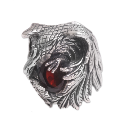 Garnet cocktail ring, 'Phoenix Flare' - Handcrafted Garnet and Sterling Silver Phoenix Cocktail Ring
