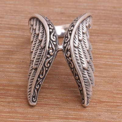 Sterling silver cocktail ring, 'Winged Glory' - Handcrafted Sterling Silver Feathered Wings Ring