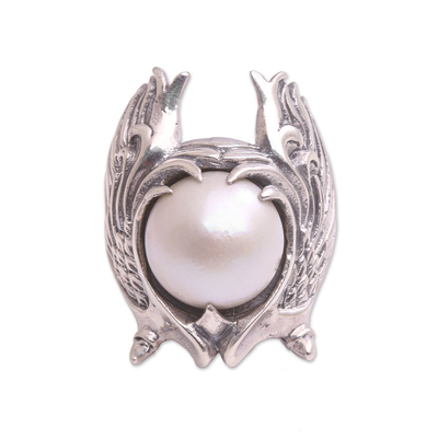 Cultured pearl cocktail ring, 'Garuda Pearl in White' - Cultured Pearl and Sterling Silver Wings Cocktail Ring