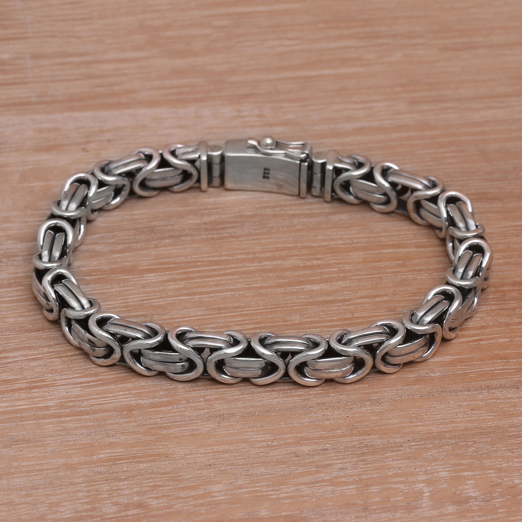 7SB-159 Solid Sterling Silver Oxidized Byzantine Bali Chain Men Bracelet