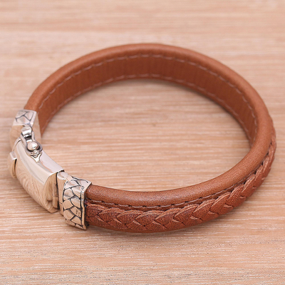 Leather wristband bracelet, 'Kuat in Soft Brown' - Indonesian Leather and Sterling Silver Wristband Bracelet
