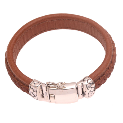 Leather wristband bracelet, 'Kuat in Soft Brown' - Indonesian Leather and Sterling Silver Wristband Bracelet