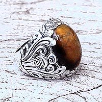 Anillo de cóctel con cúpula de ojo de tigre, 'Forest Tiger' - Anillo de cóctel con cúpula de plata de ley balinesa y ojo de tigre