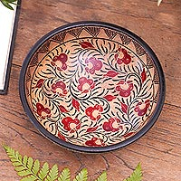 Batik wood decorative bowl, 'Lok Chan Flowers'