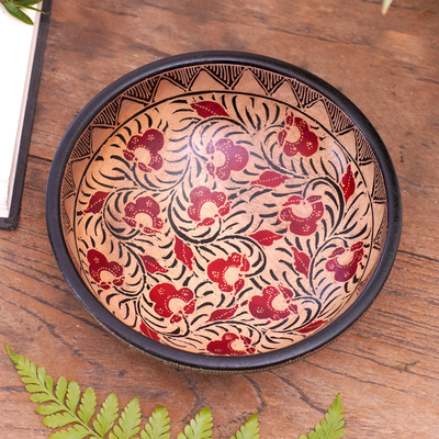 Batik wood decorative bowl, 'Lok Chan Flowers' - Floral Motif Batik Wood Decorative Bowl from Bali