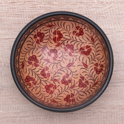 Batik wood decorative bowl, 'Lok Chan Flowers' - Floral Motif Batik Wood Decorative Bowl from Bali