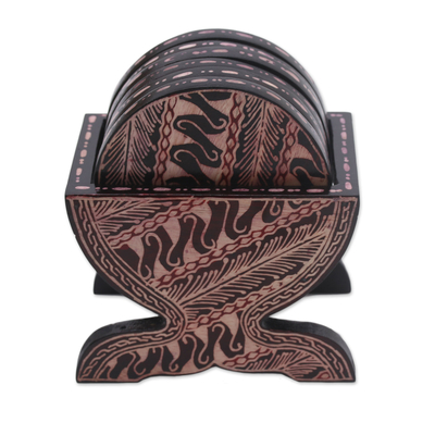 Black and Cream Wood Batik Coasters and Holder (Set of 6)