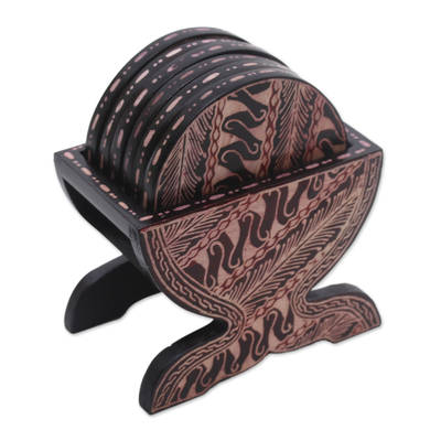 Posavasos de madera batik, (juego de 6) - Posavasos y soporte de batik de madera negro y crema (juego de 6)