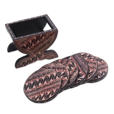 Posavasos de madera batik, (juego de 6) - Posavasos y soporte de batik de madera negro y crema (juego de 6)