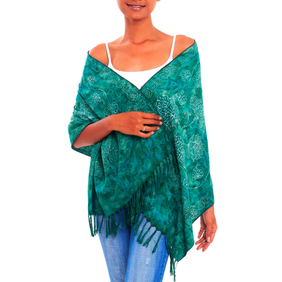 Batik rayon scarf, 'Beautiful Lagoon' - Jade Green Floral Motif Batik Rayon Scarf with Fringe