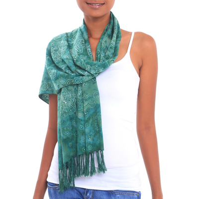 Batik rayon scarf, 'Beautiful Lagoon' - Jade Green Floral Motif Batik Rayon Scarf with Fringe