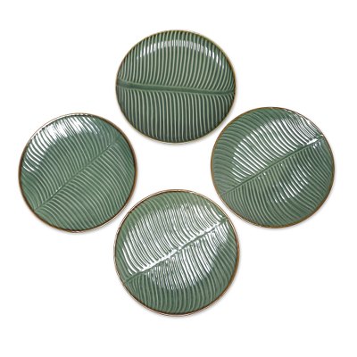 Ceramic dinner plates, 'Banana Vibes' (set of 4) - Ceramic Banana Leaf Dinner Plates (Set of 4) from Bali