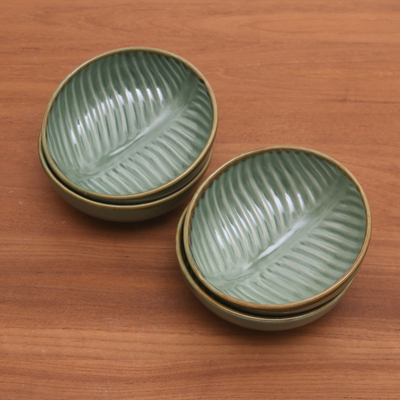 Ceramic dessert bowls, 'Banana Vibes' (set of 4) - Ceramic Banana Leaf Dessert Bowls (Set of 4)